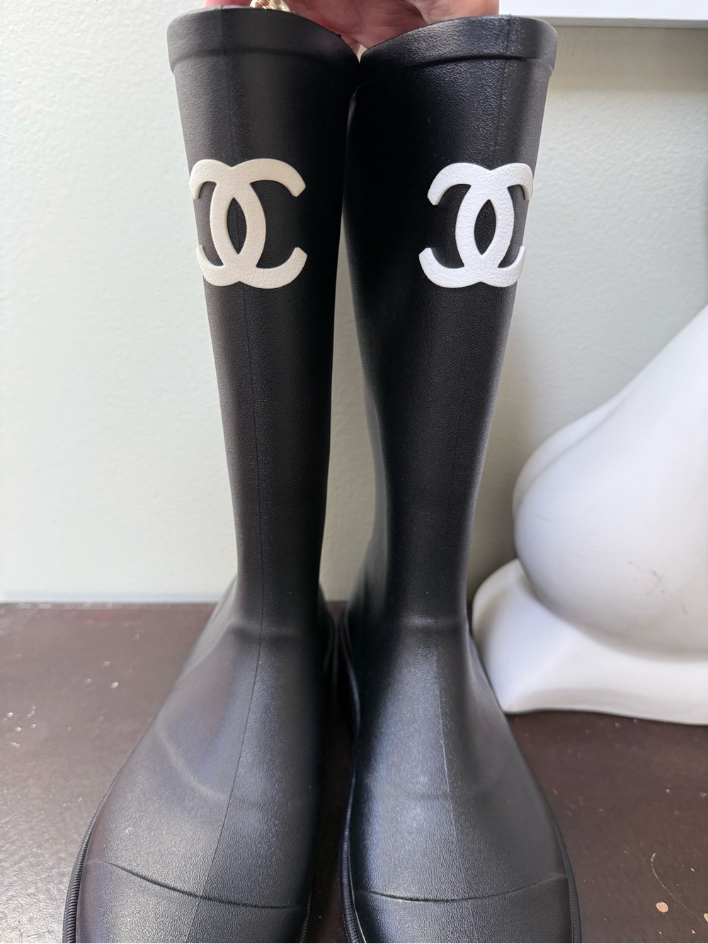 CHANEL Black Knee-High Rain Boots with White CC Emblem